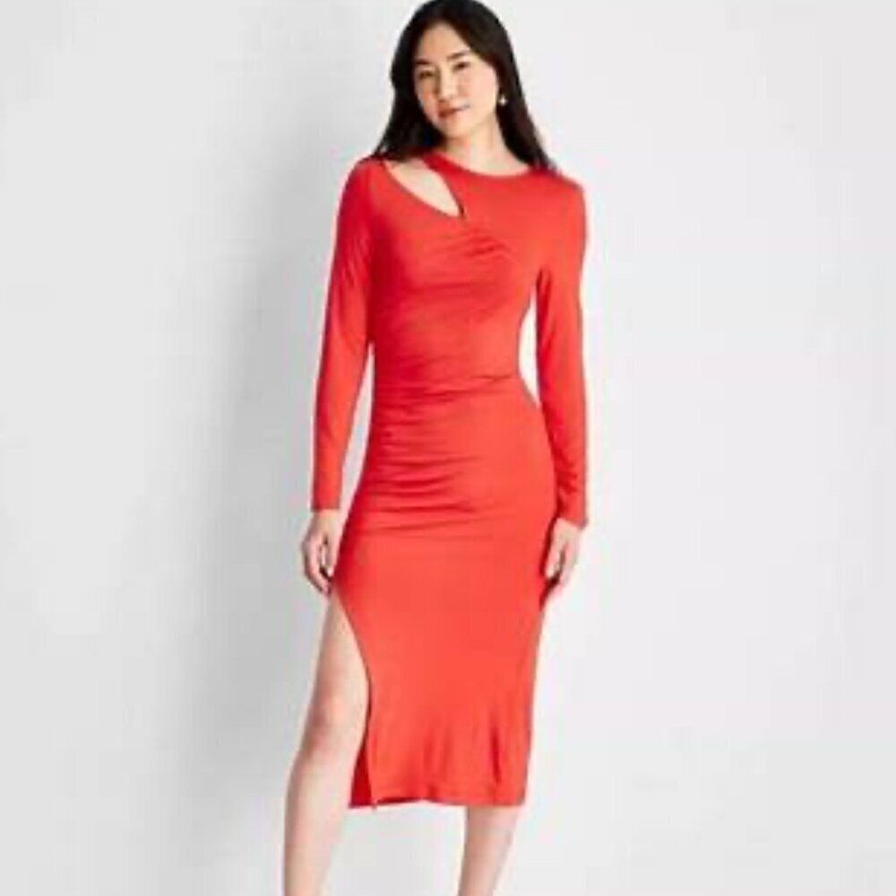 Future Collective Reese Blutstein 1X NWOT Red Knit Cut Out Midi Dress Office Y2K